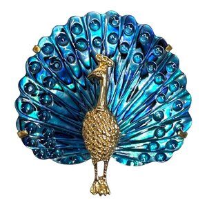 Vintage Peacock Brooch Pin Blue & Gold Tone Enamel Abalone Shell Finish MOP